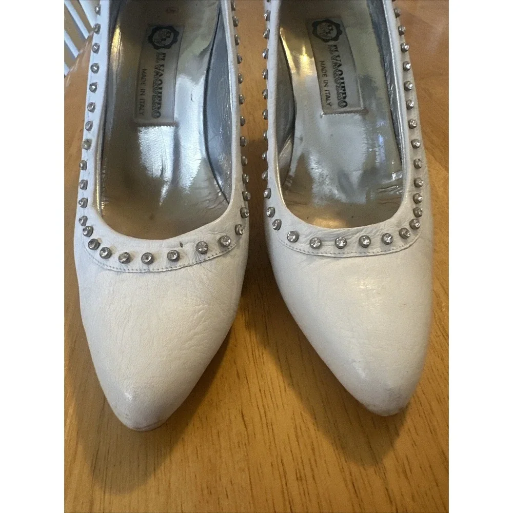vintage el vaquero white leather heels pumps‎ rhinestone outline size 37
